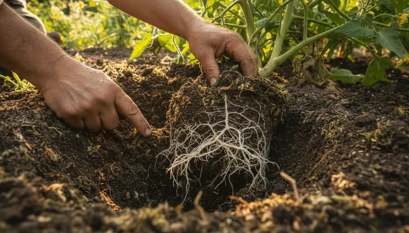 Gardener examining healthy roots in living organic soil