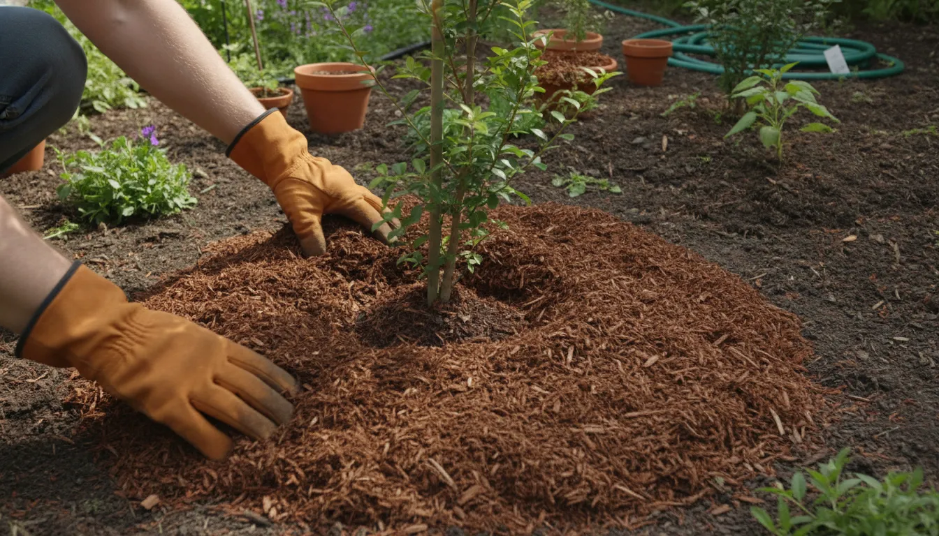 Gardener spreading mulch around a newly planted shrub to prevent transplant shock in plants