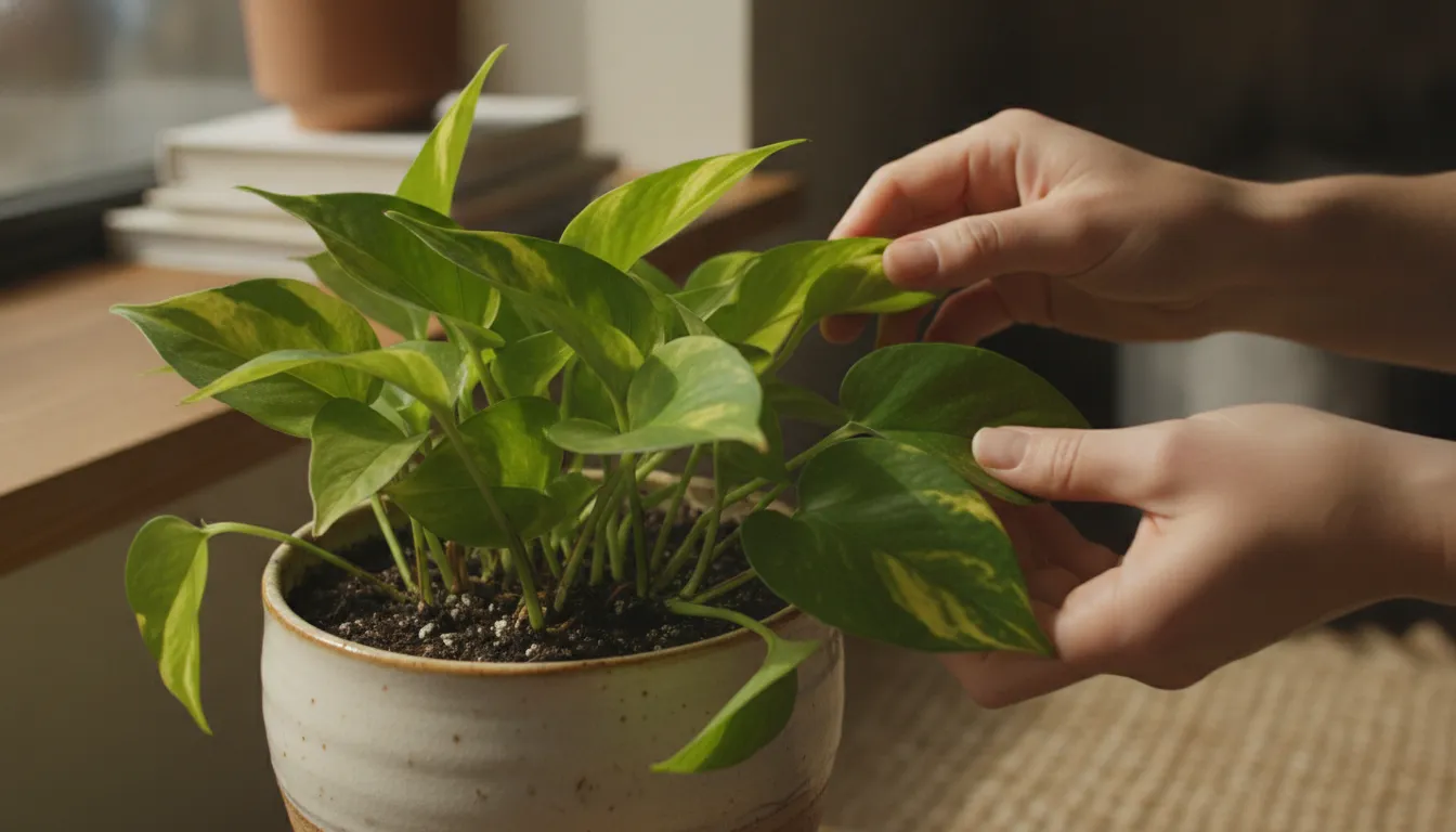 Hands checking a healthy indoor houseplant during a plant care routine