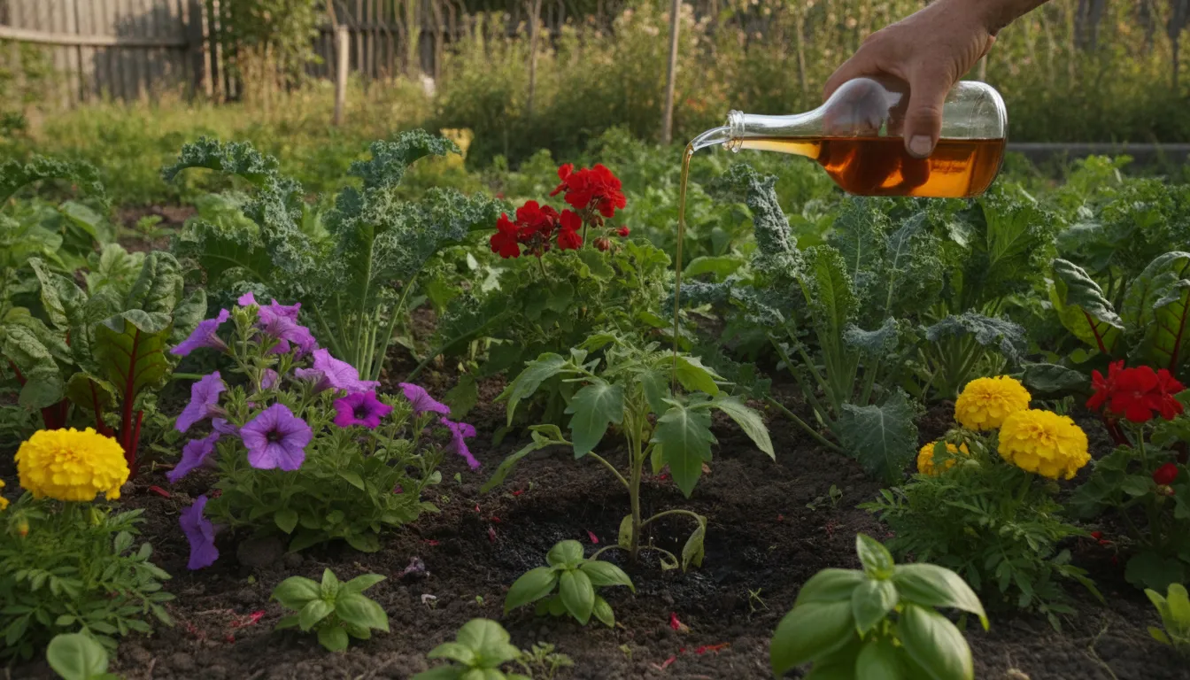 Gardener applying liquid biostimulant to the soil of a flower and vegetable garden bed