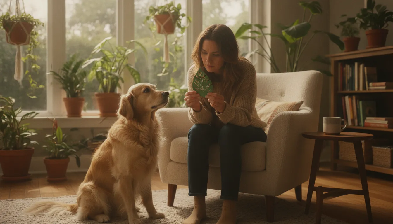 Person reading a plant product label in a sunlit living room with a dog nearby
