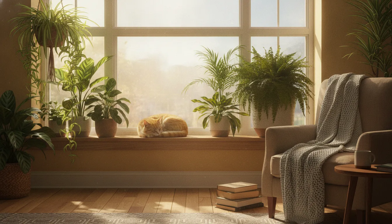A cat resting near lush pet-safe houseplants in a bright home