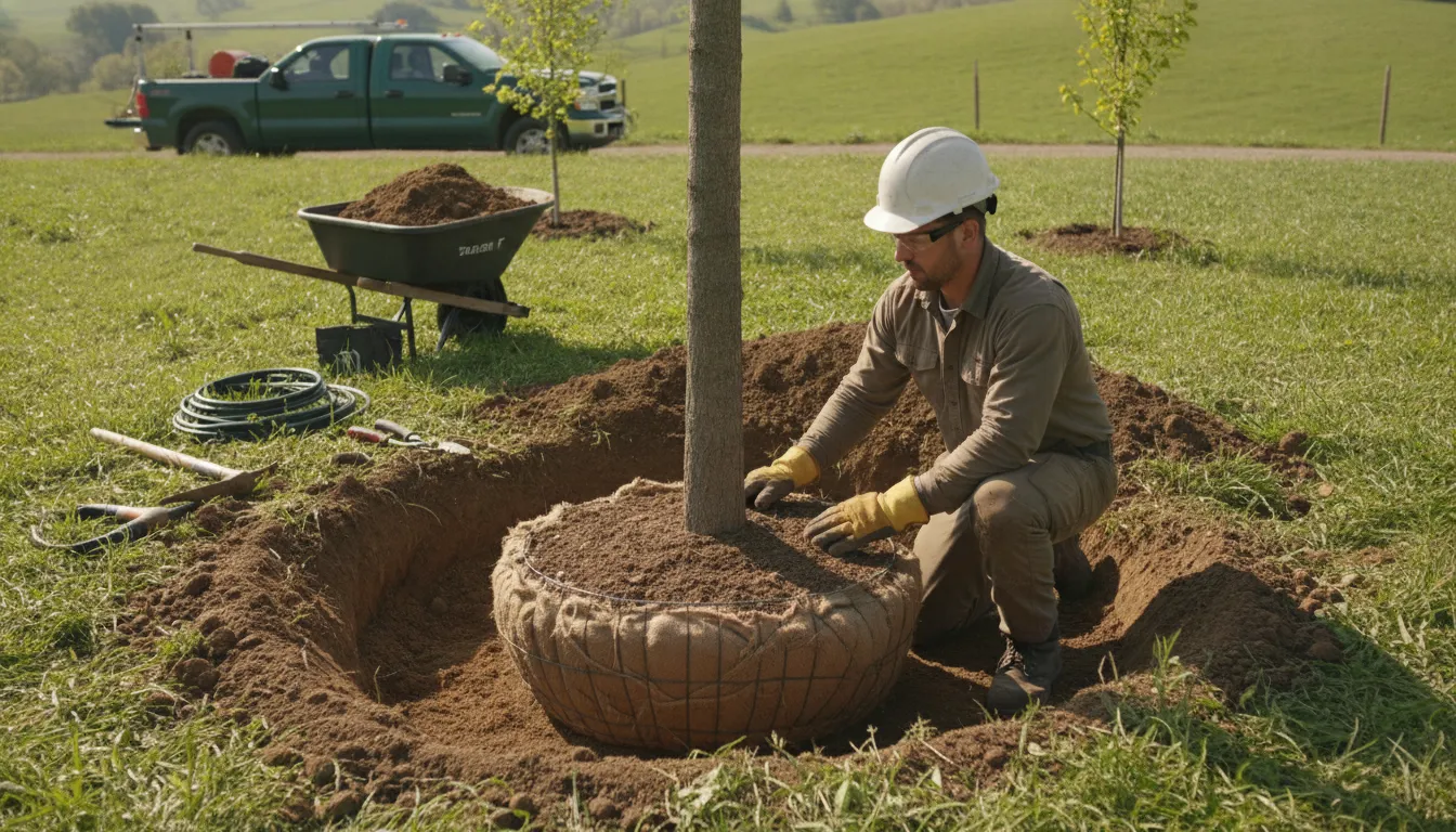 Arborist inspecting the root ball of a large tree in a wide planting hole