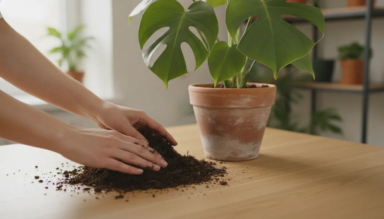 Hands checking potting mix moisture around indoor plant roots