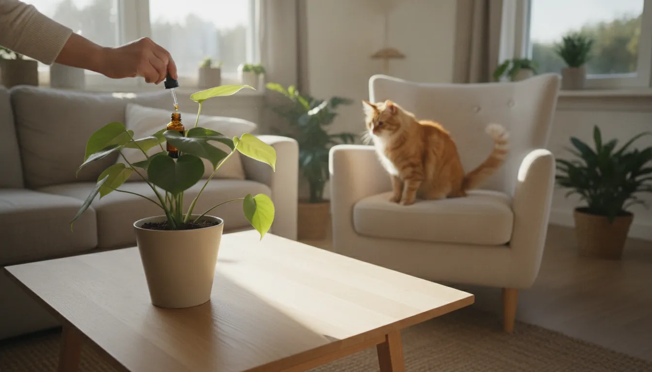 Person applying plant care product to a potted plant while a cat watches from a safe distance