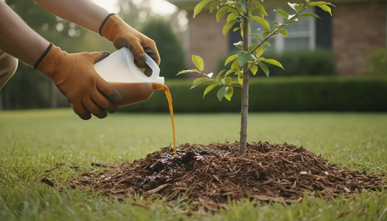 Gloved hands applying liquid biostimulant at the base of a young transplanted tree