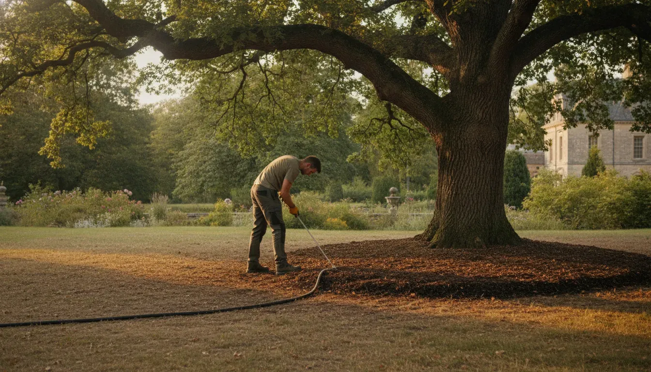 Arborist checking soil moisture while deep watering a drought-stressed tree