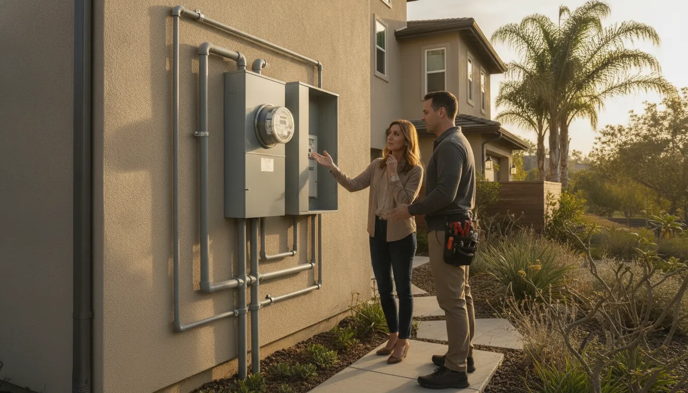 Electrician reviewing a 300 amp meter base service upgrade at a Southern California home