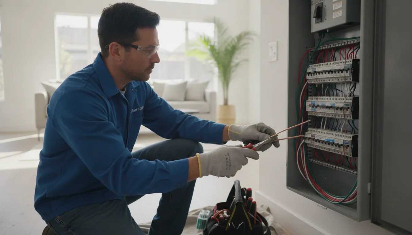 Electrician inspecting an electrical panel before circuit breaker replacement in a Southern California home