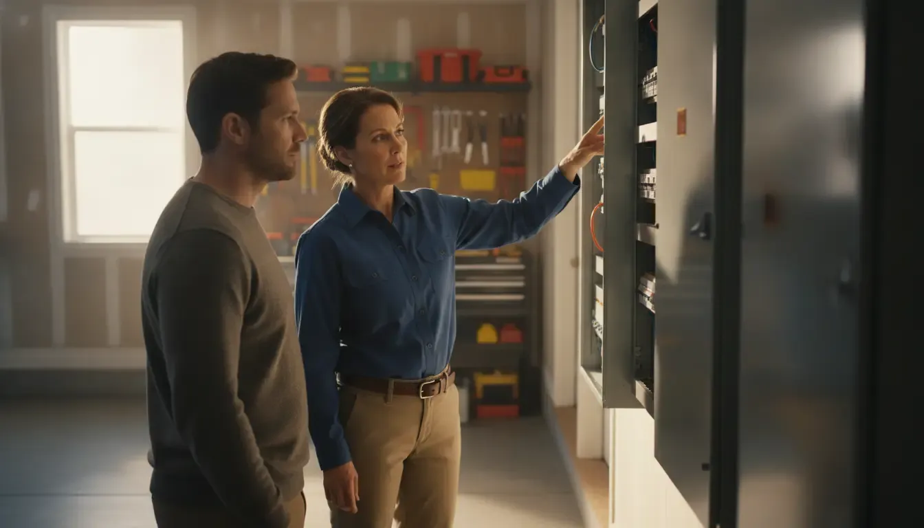 Electrician and homeowner reviewing a residential electrical panel for generator sizing