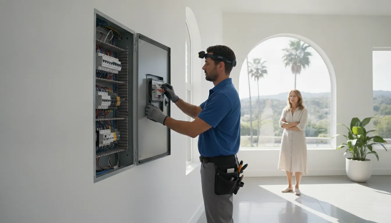 Electrician inspecting a residential electrical panel in Los Angeles