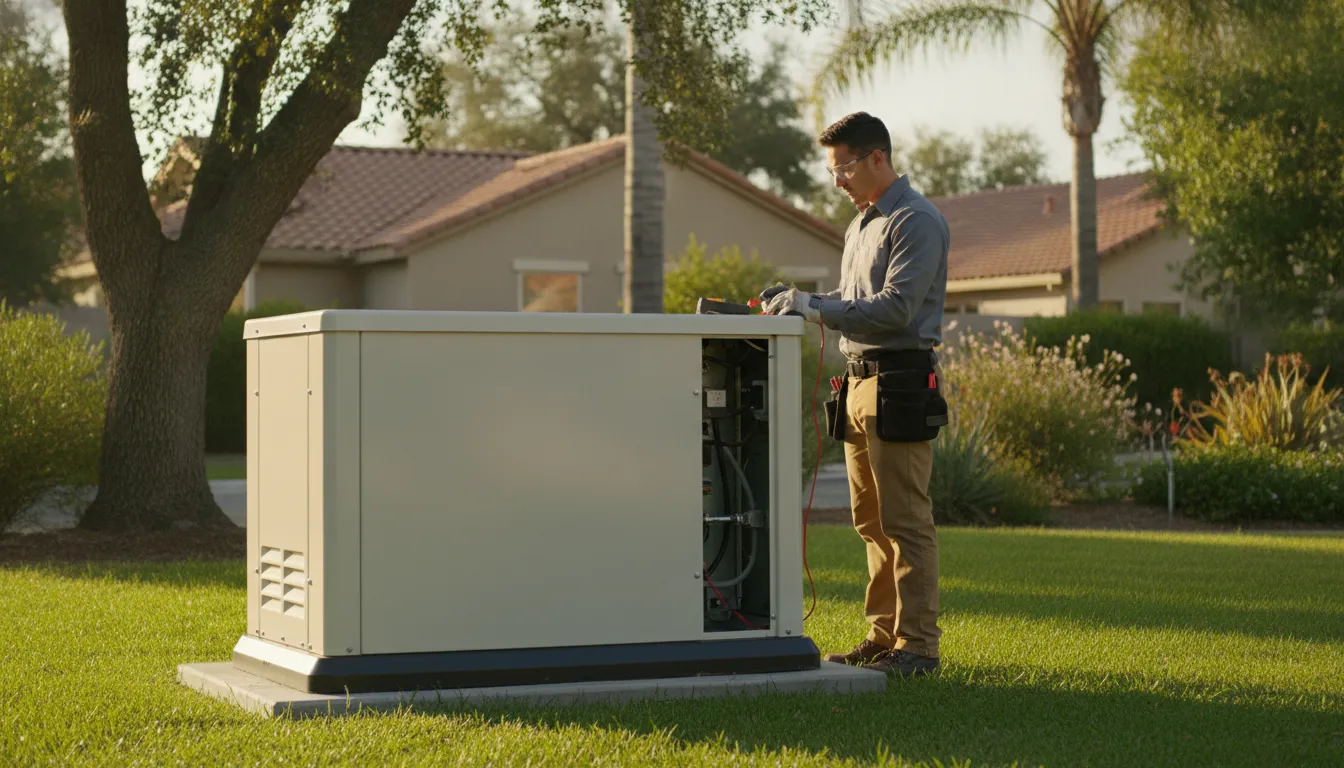 Electrician safely inspecting a residential standby generator outdoors