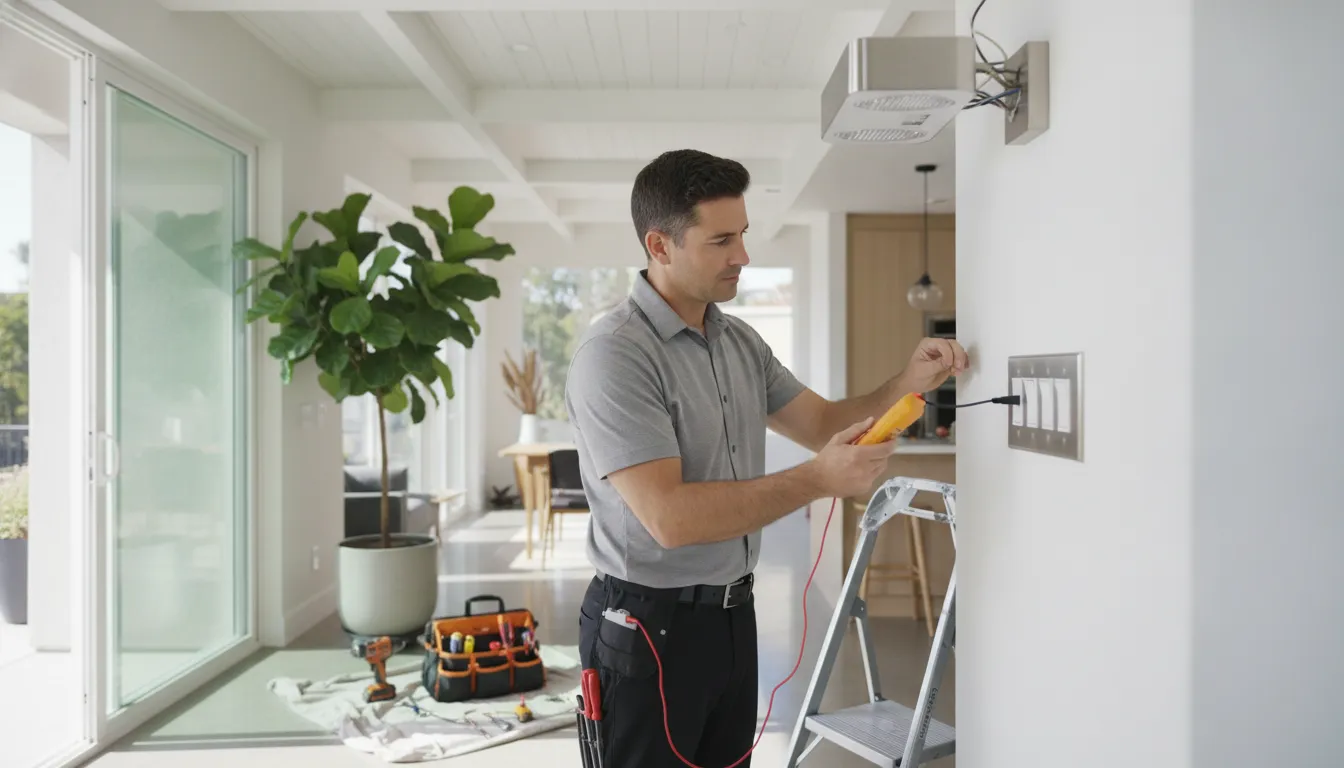 Electrician inspecting a light switch and ceiling fixture in a Southern California home