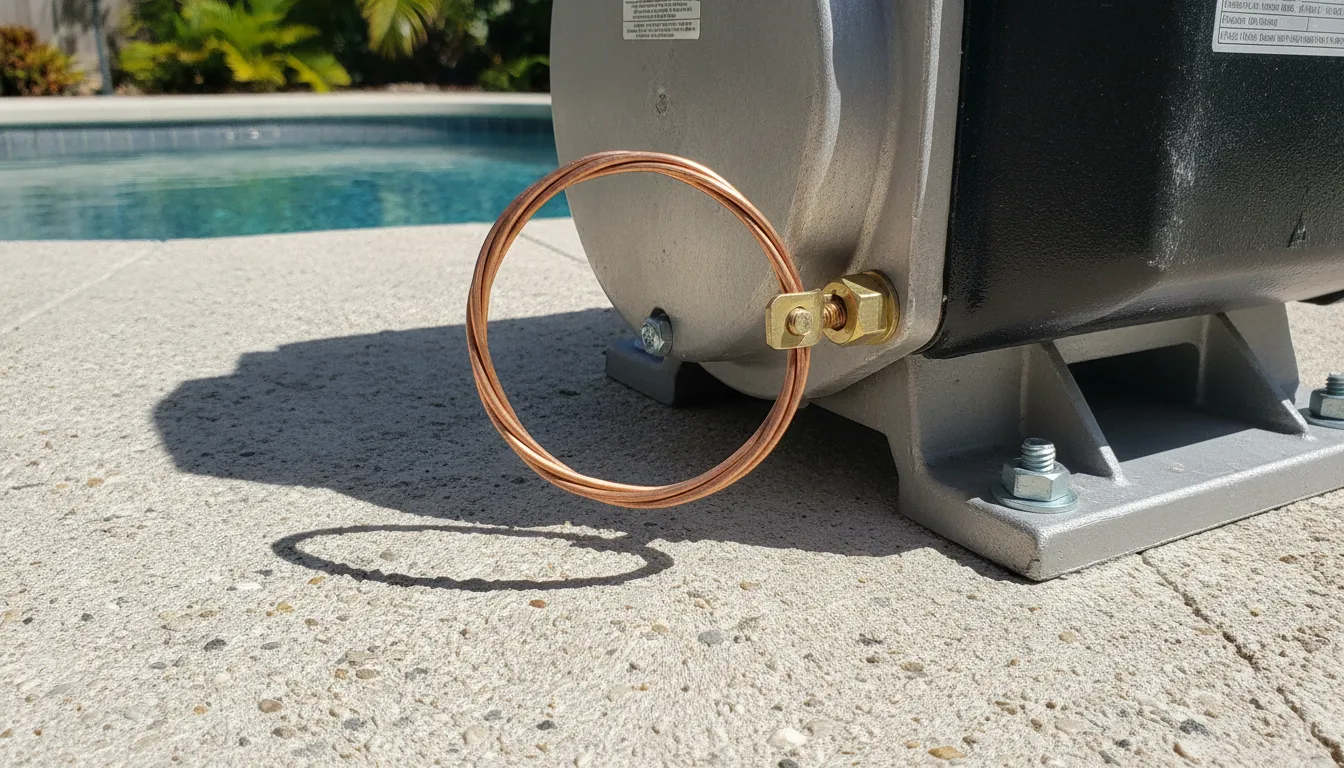 A bare copper bonding wire securely attached to the grounding lug of a swimming pool pump motor.