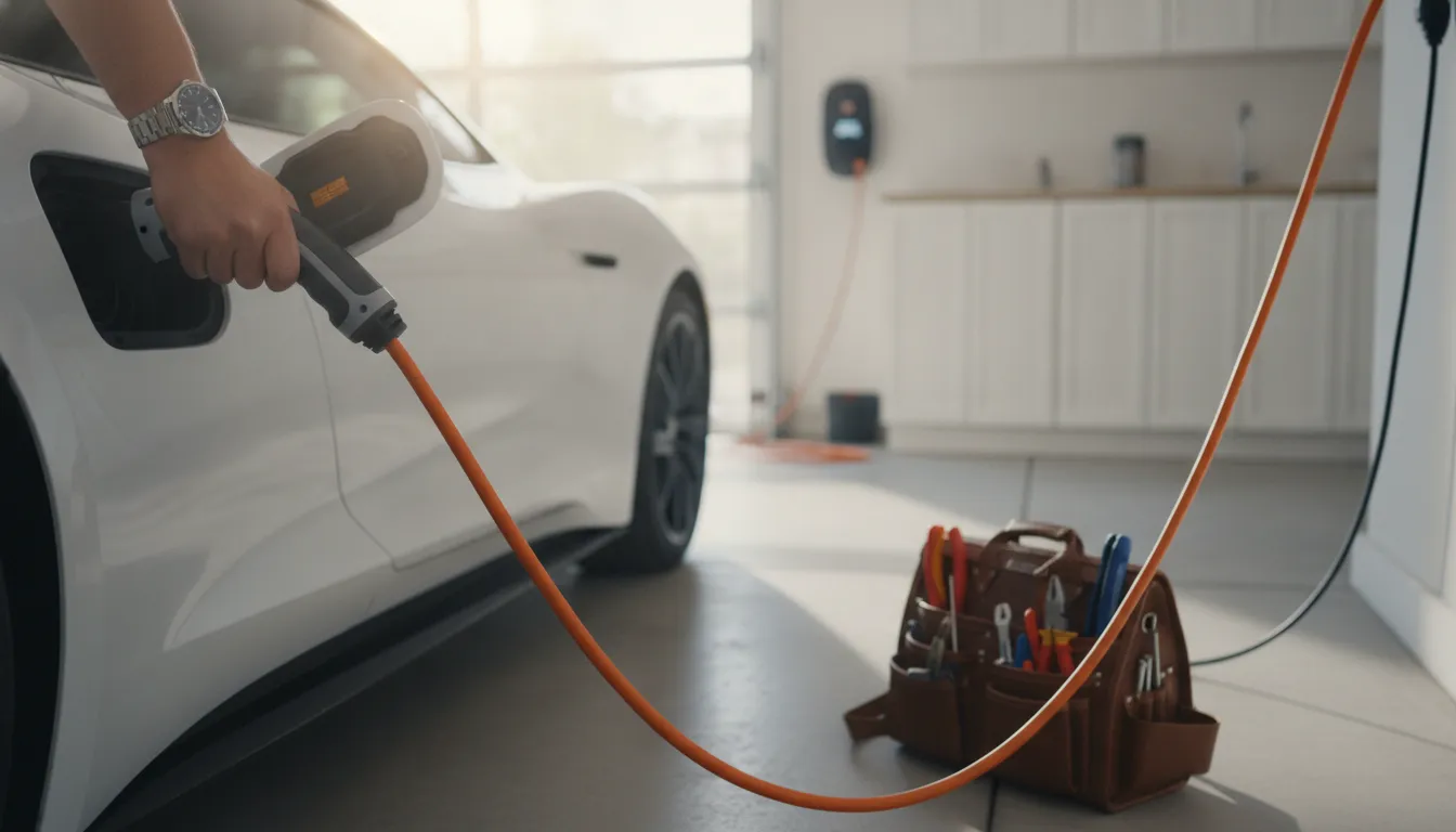 Driver plugging a Level 2 charging cable into a home EV charger in a Southern California garage