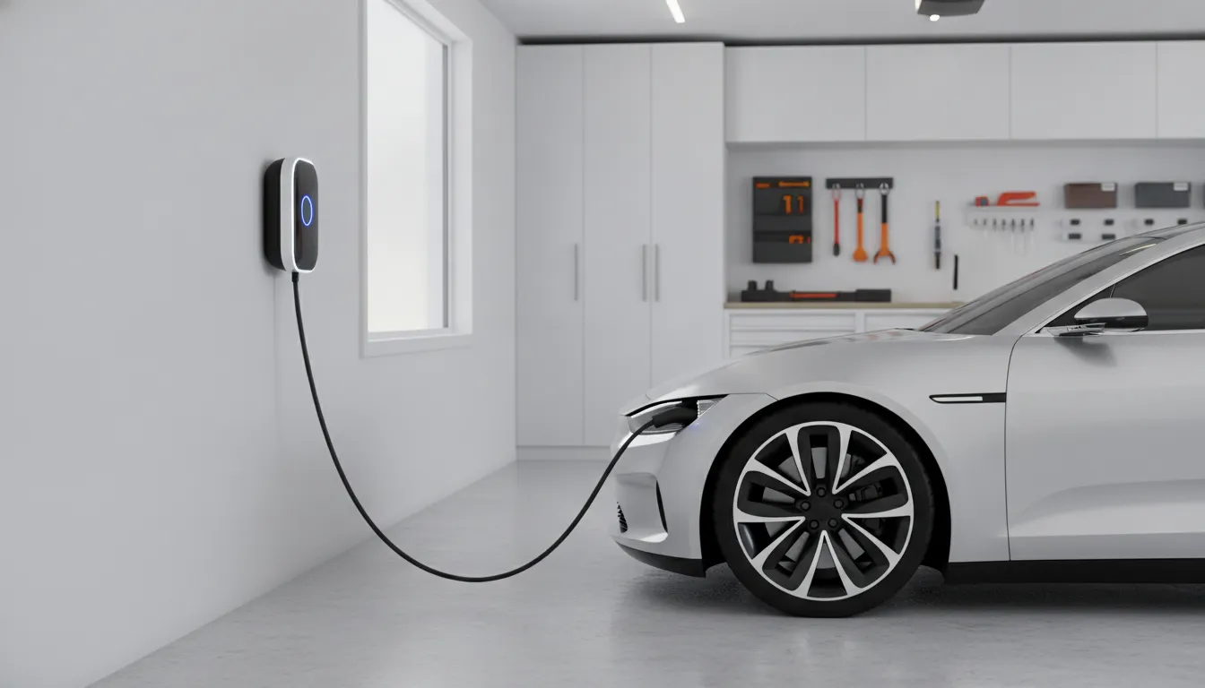 Modern home EV charging station mounted on a garage wall beside an electric vehicle