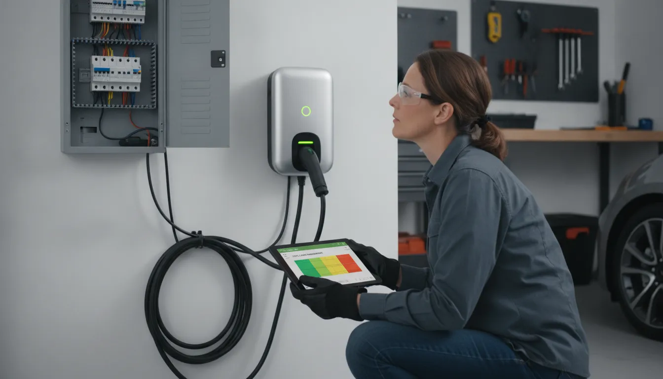EV charger load management setup beside a home electrical panel