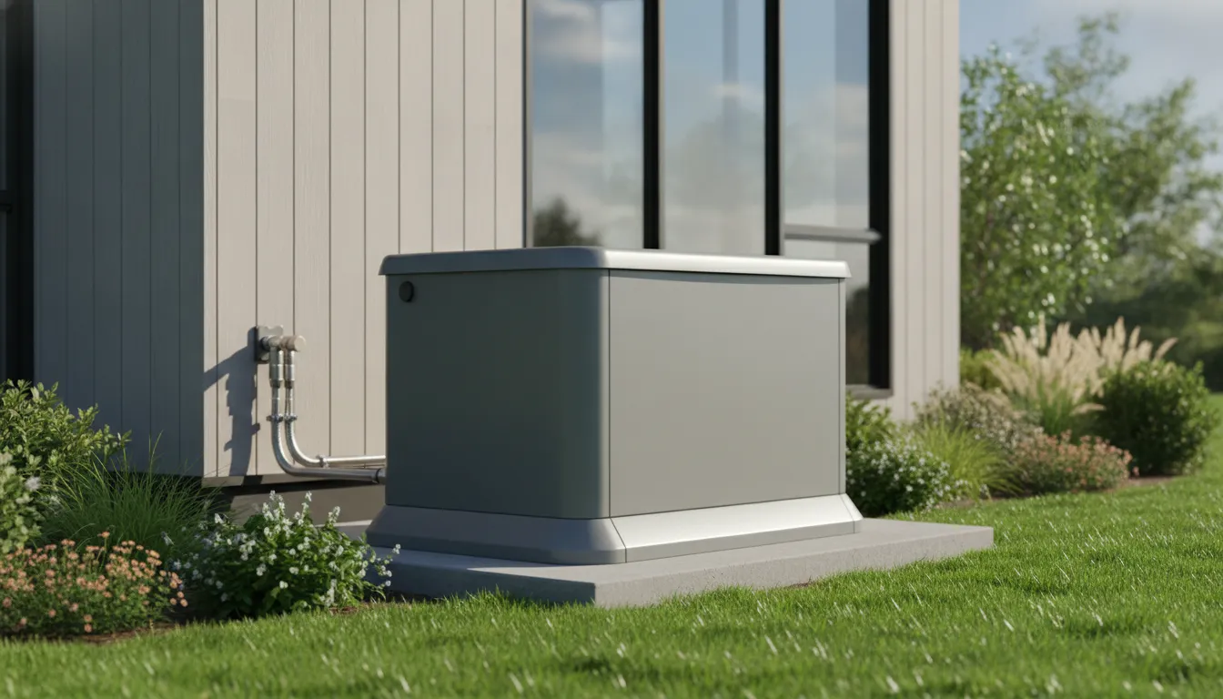 Standby generator maintenance on a home generator unit mounted on a concrete pad outside a house