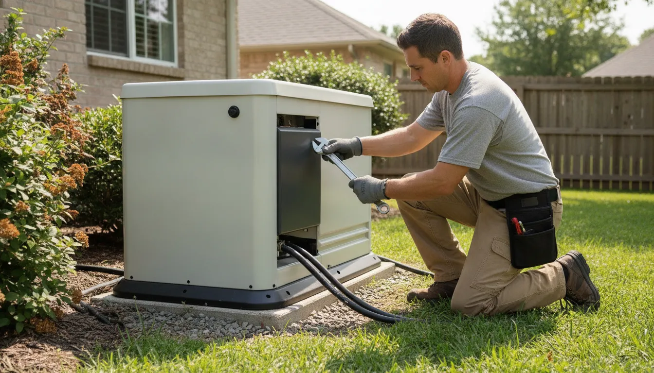 Standby generator maintenance performed by an electrician on a home system outdoors