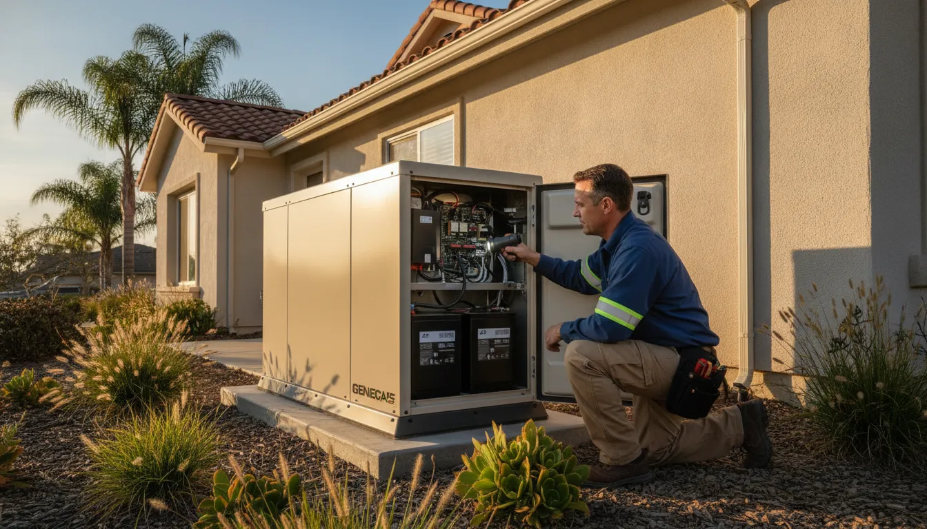 Electrician performing a whole house generator maintenance checklist inspection beside a Southern California home