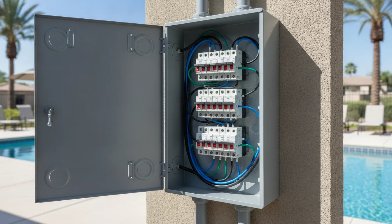 GFCI circuit breakers installed in a weatherproof outdoor electrical subpanel near a backyard pool.