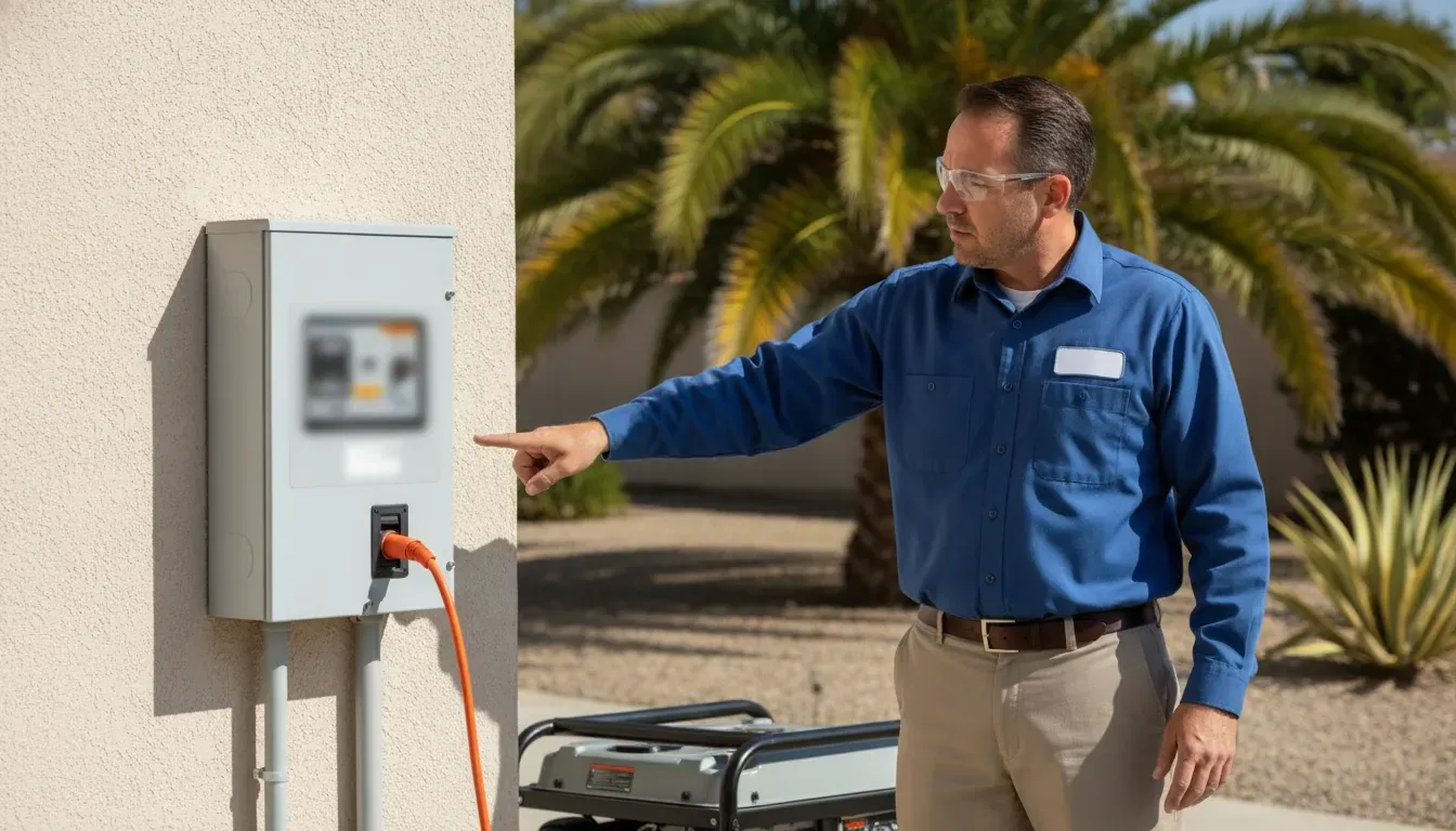 Electrician reviewing the separation between a generator connection and home electrical equipment