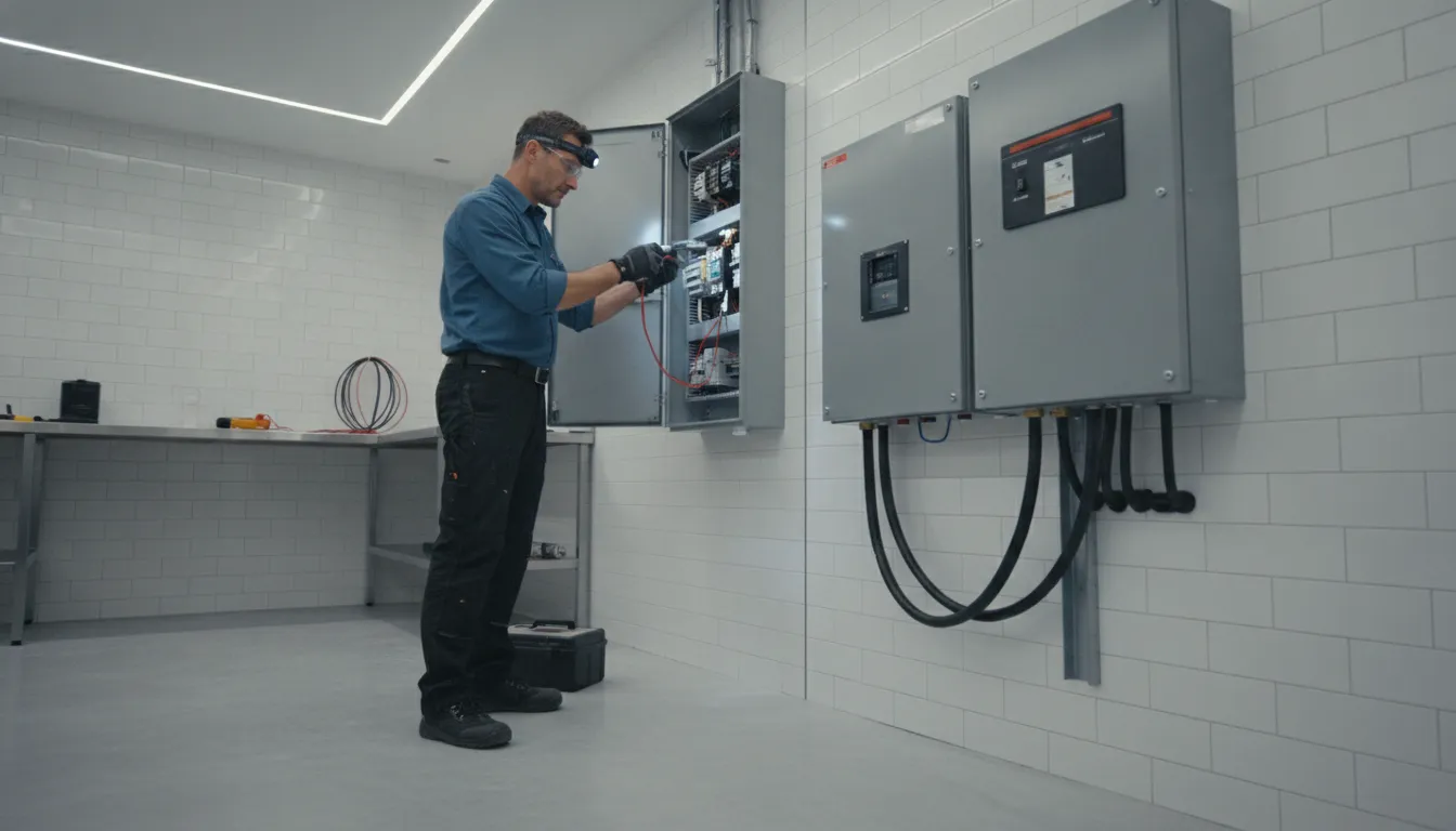 Electrician inspecting a home's electrical panel during backup-power planning