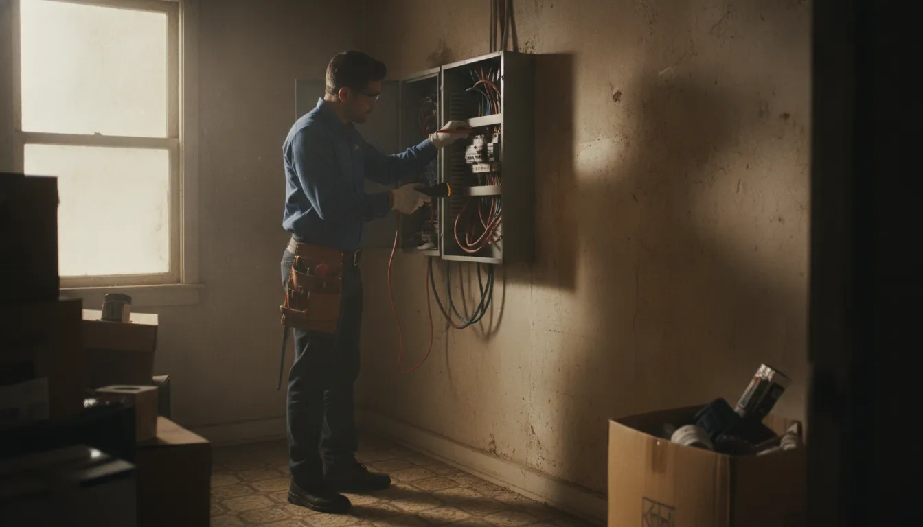 Electrician assessing an older electrical panel before a home purchase