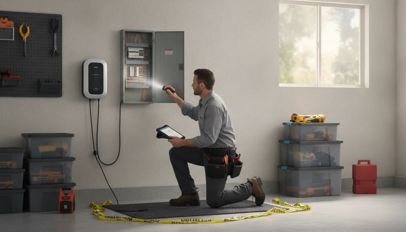 Licensed electrician inspecting an older Los Angeles electrical panel during a home electrical safety inspection