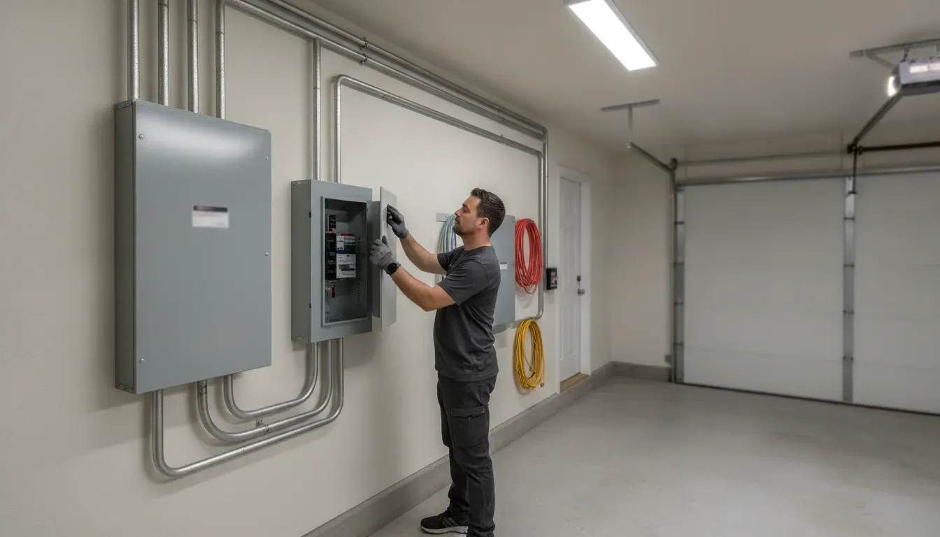 Electrician inspecting transfer equipment during a Calabasas generator installation estimate