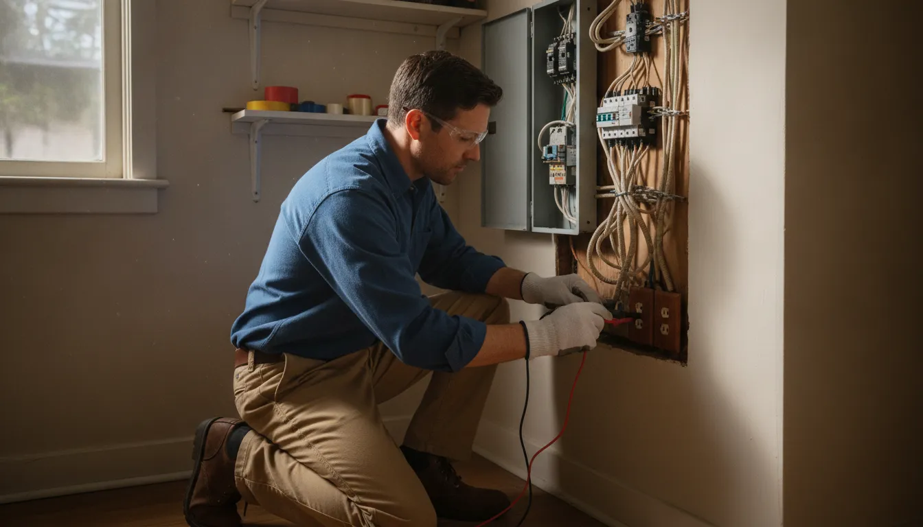 Electrician checking older home wiring and grounding