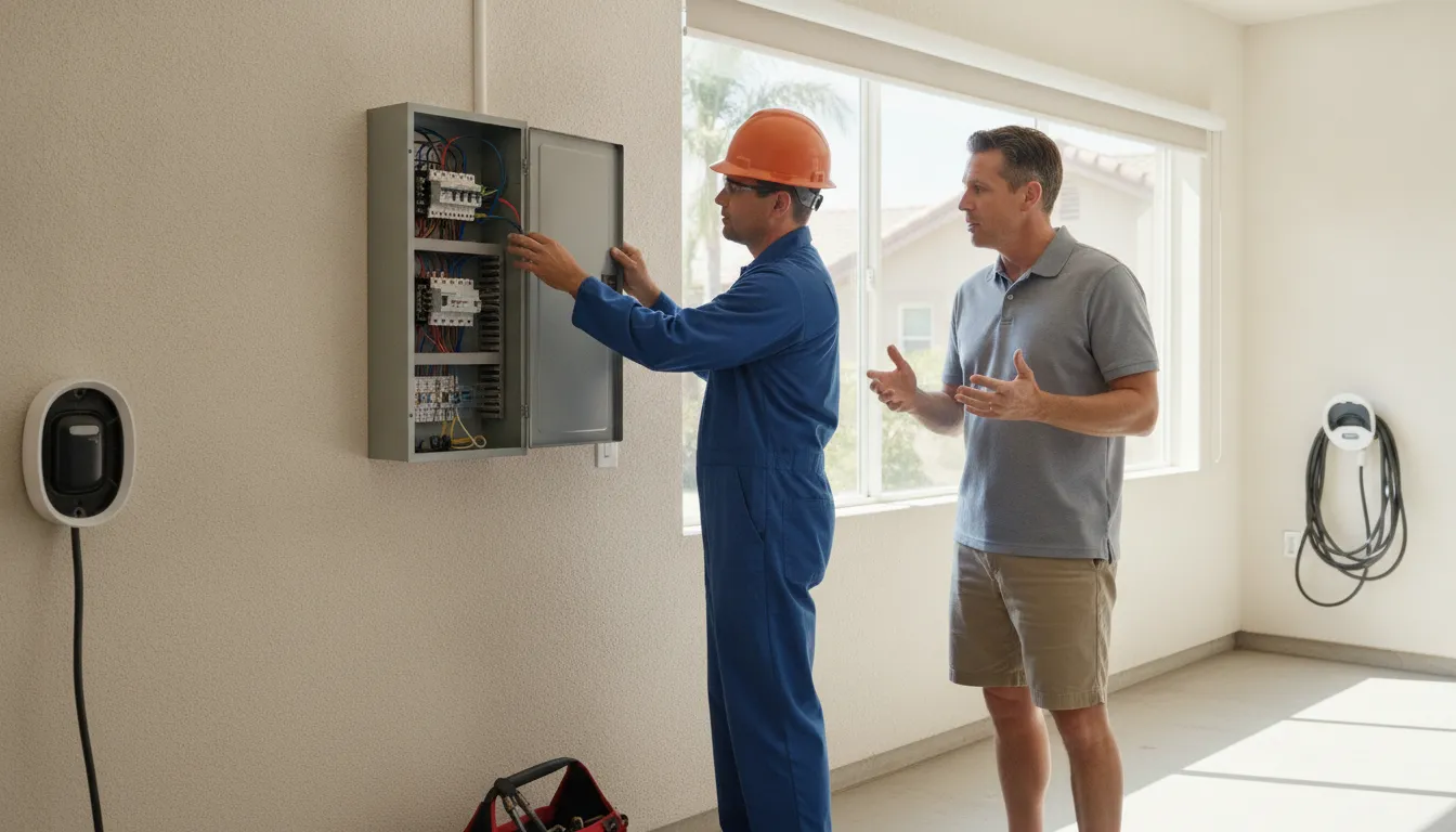 Electrician inspecting electrical load calculations at a Southern California home panel