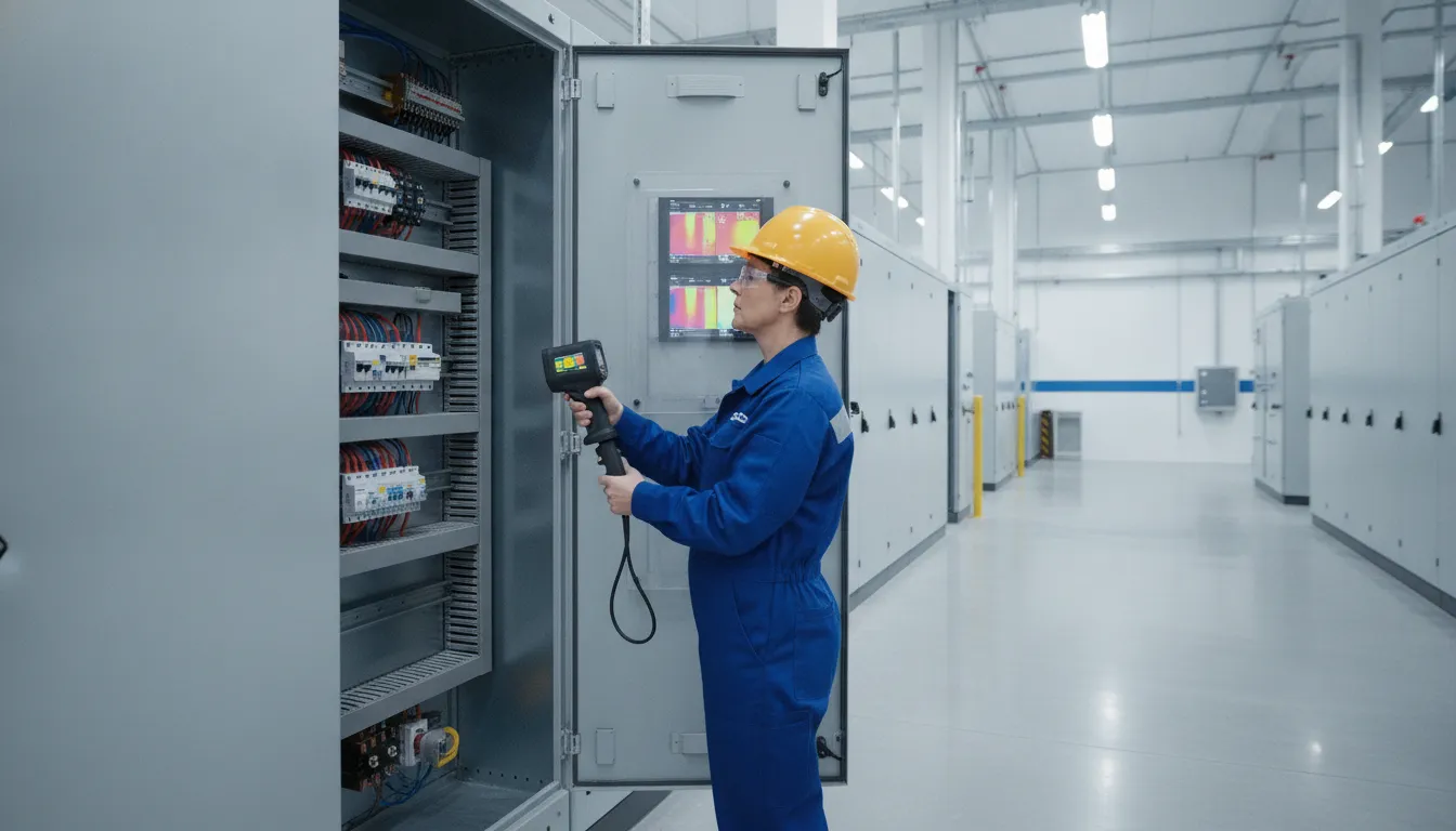 Electrician performing an infrared inspection for a commercial electrical preventive maintenance checklist
