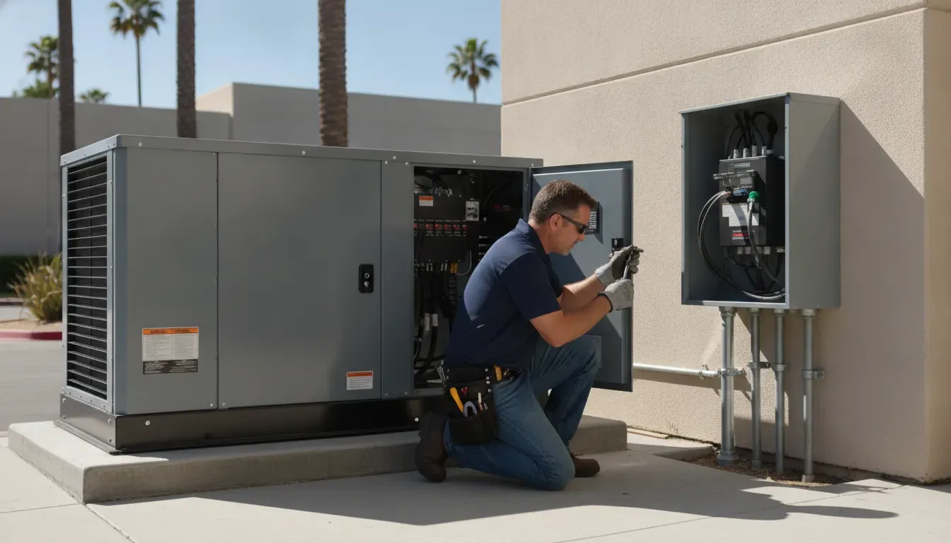 Electrician commissioning a commercial standby generator and transfer equipment