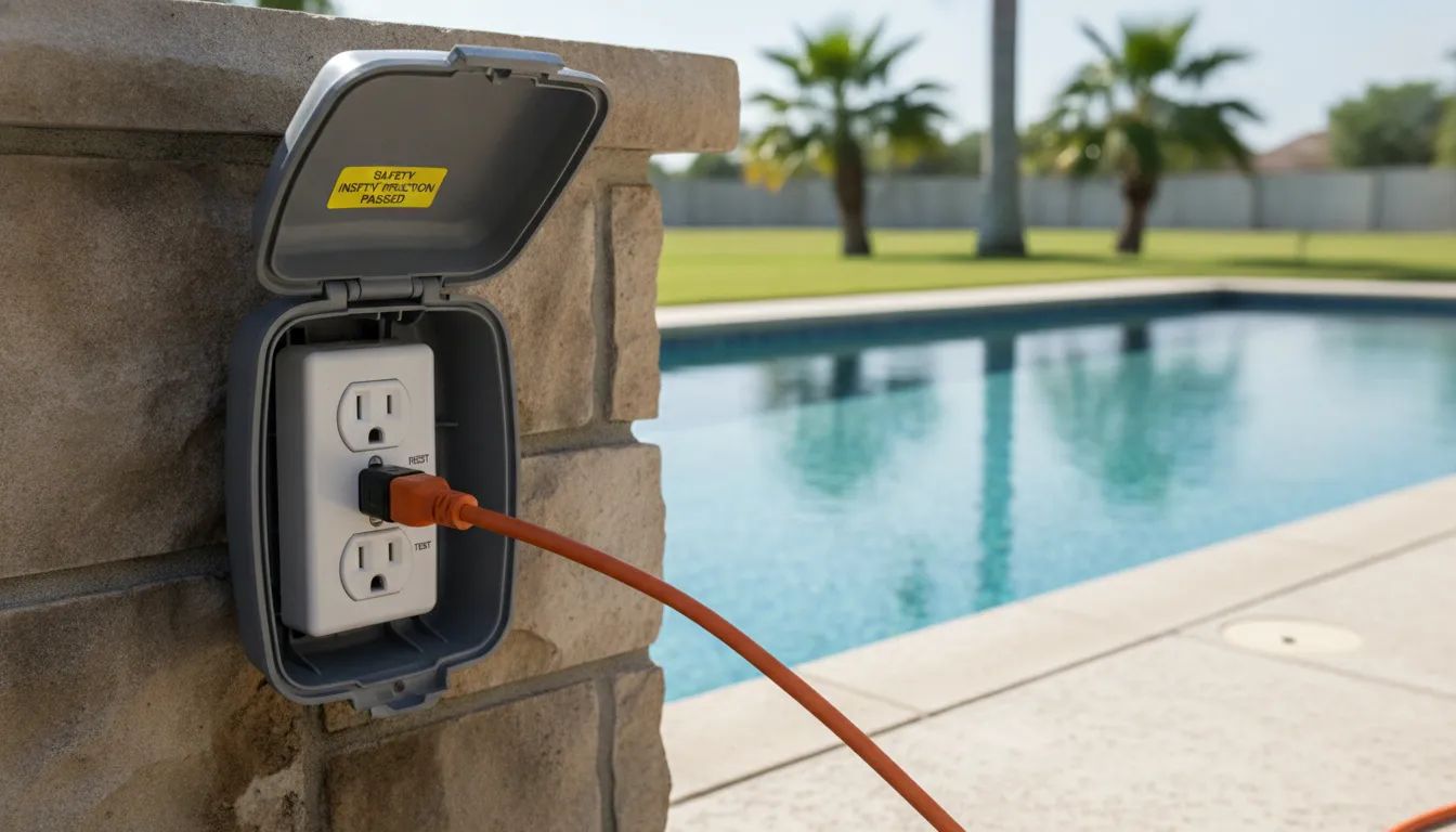 Weatherproof GFCI outlet included in a pool electrical safety checklist