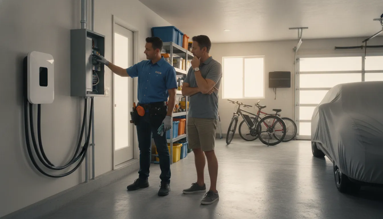 Electrician reviewing circuit capacity for a smart home EV charger installation