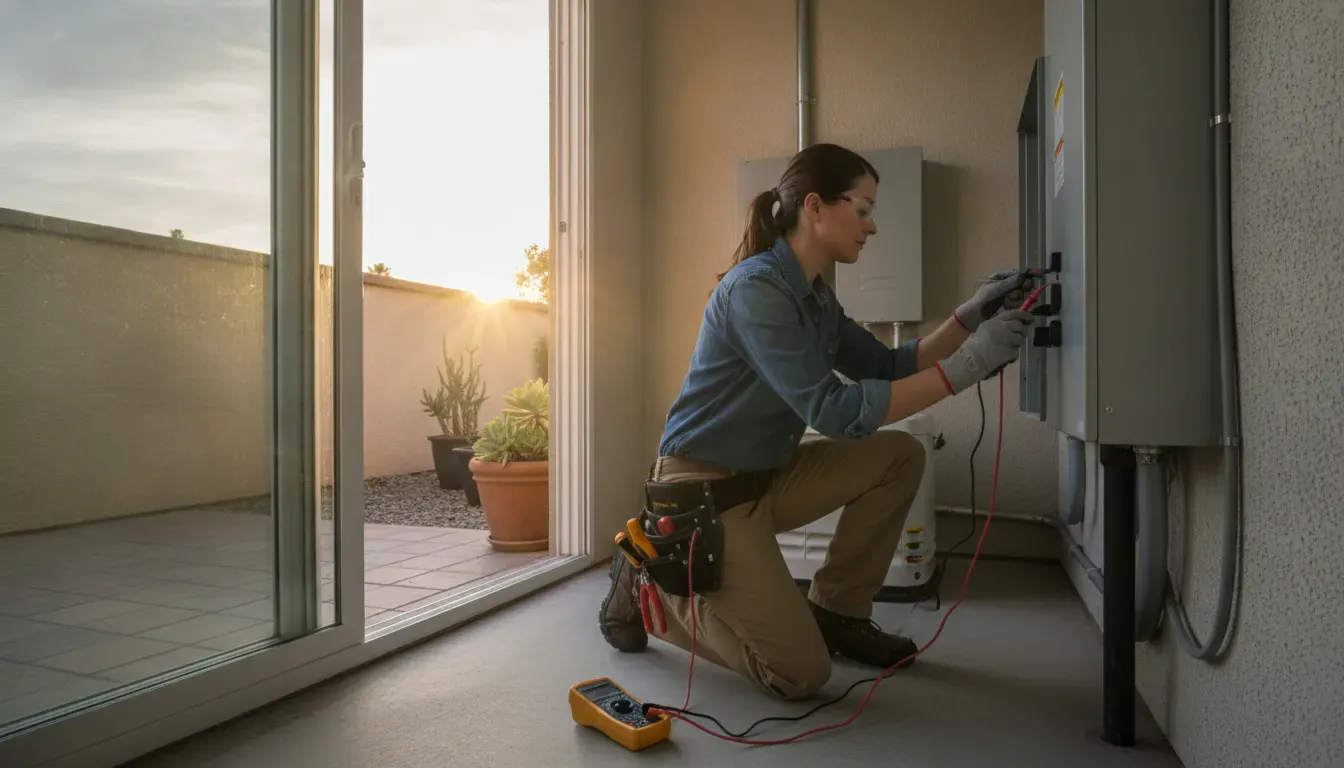 Electrician checking a standby generator transfer switch in a Malibu home