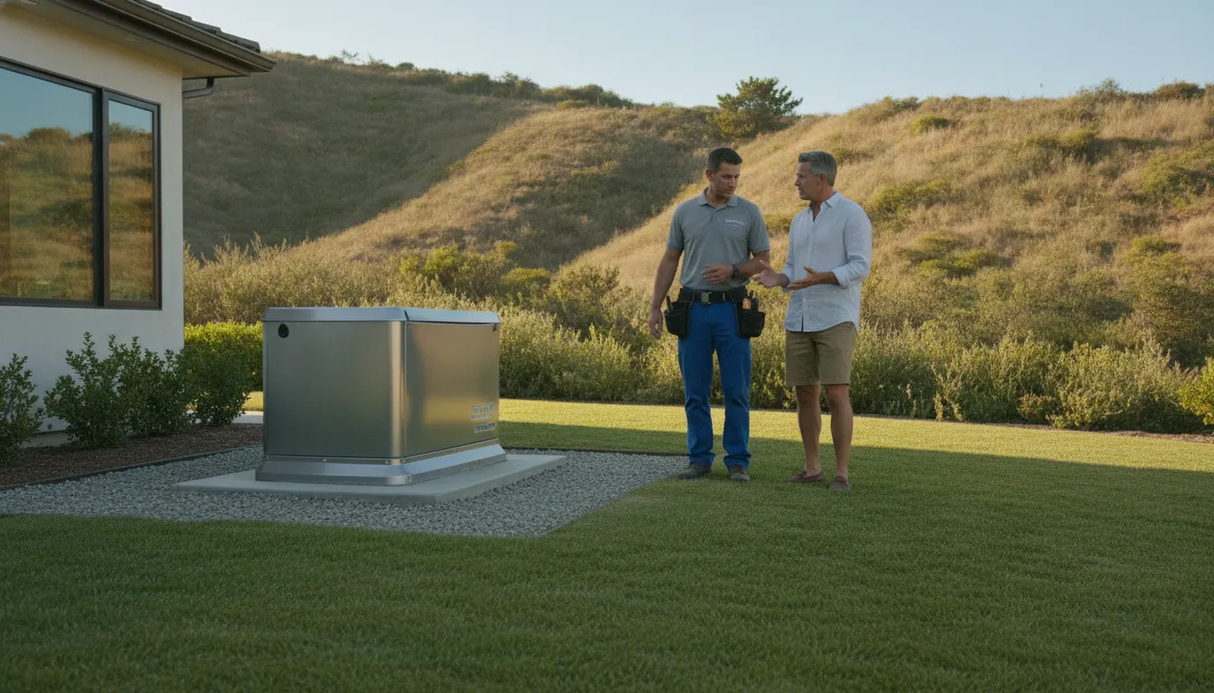 Electrician and Malibu homeowner reviewing a standby generator safety area
