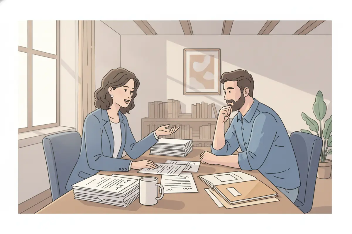 Attorney and client comparing funding agreement terms at a desk