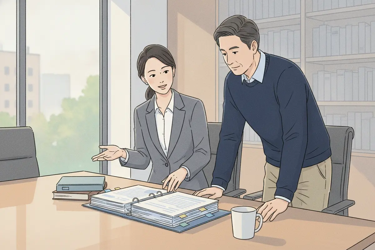 Attorney and client reviewing a case file together