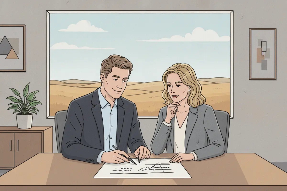 Attorney and client reviewing a funding agreement and repayment details together