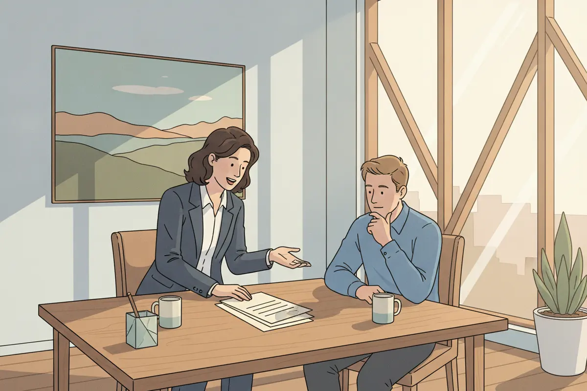Attorney and client reviewing funding agreement terms together