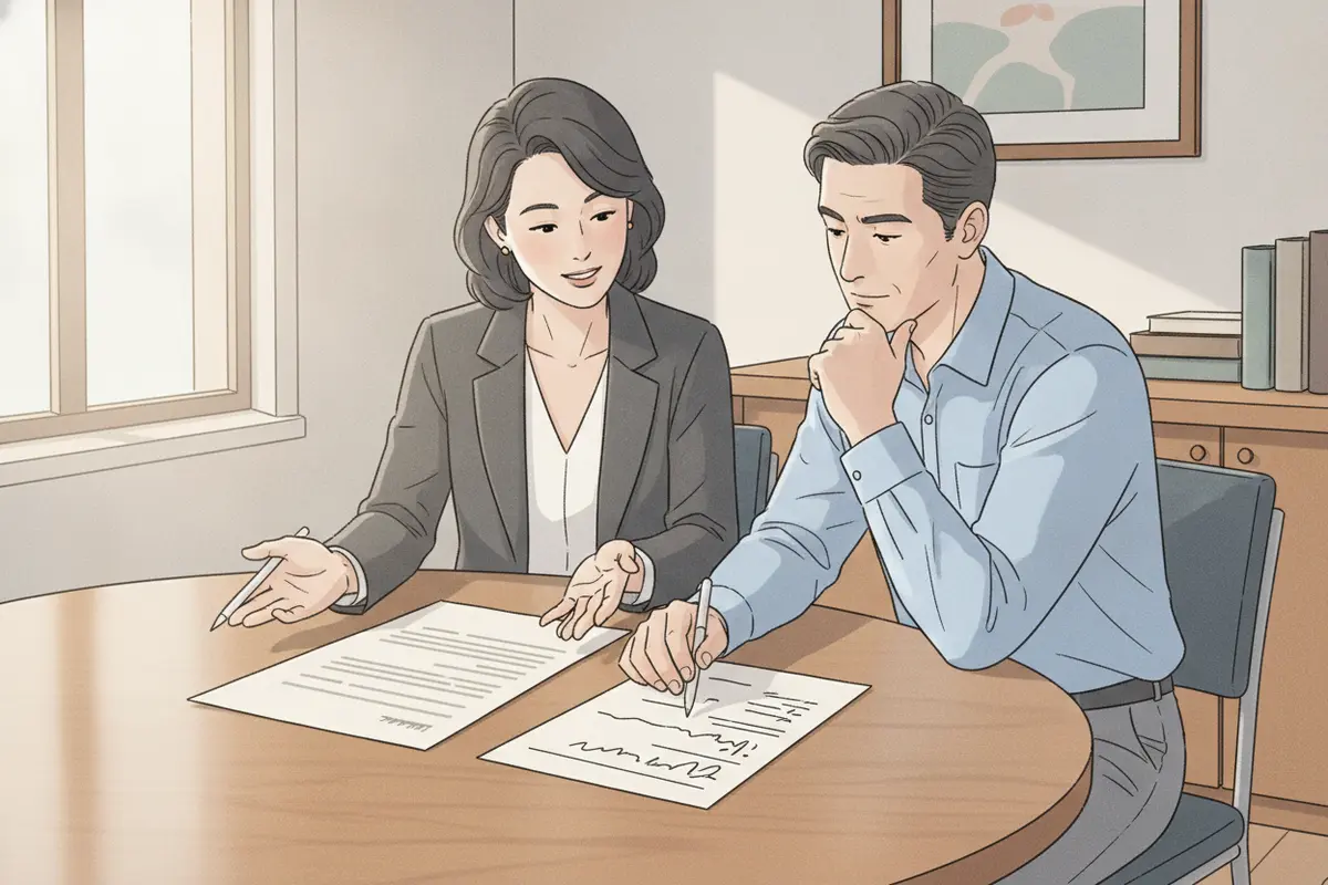Attorney and client reviewing funding terms and repayment questions together