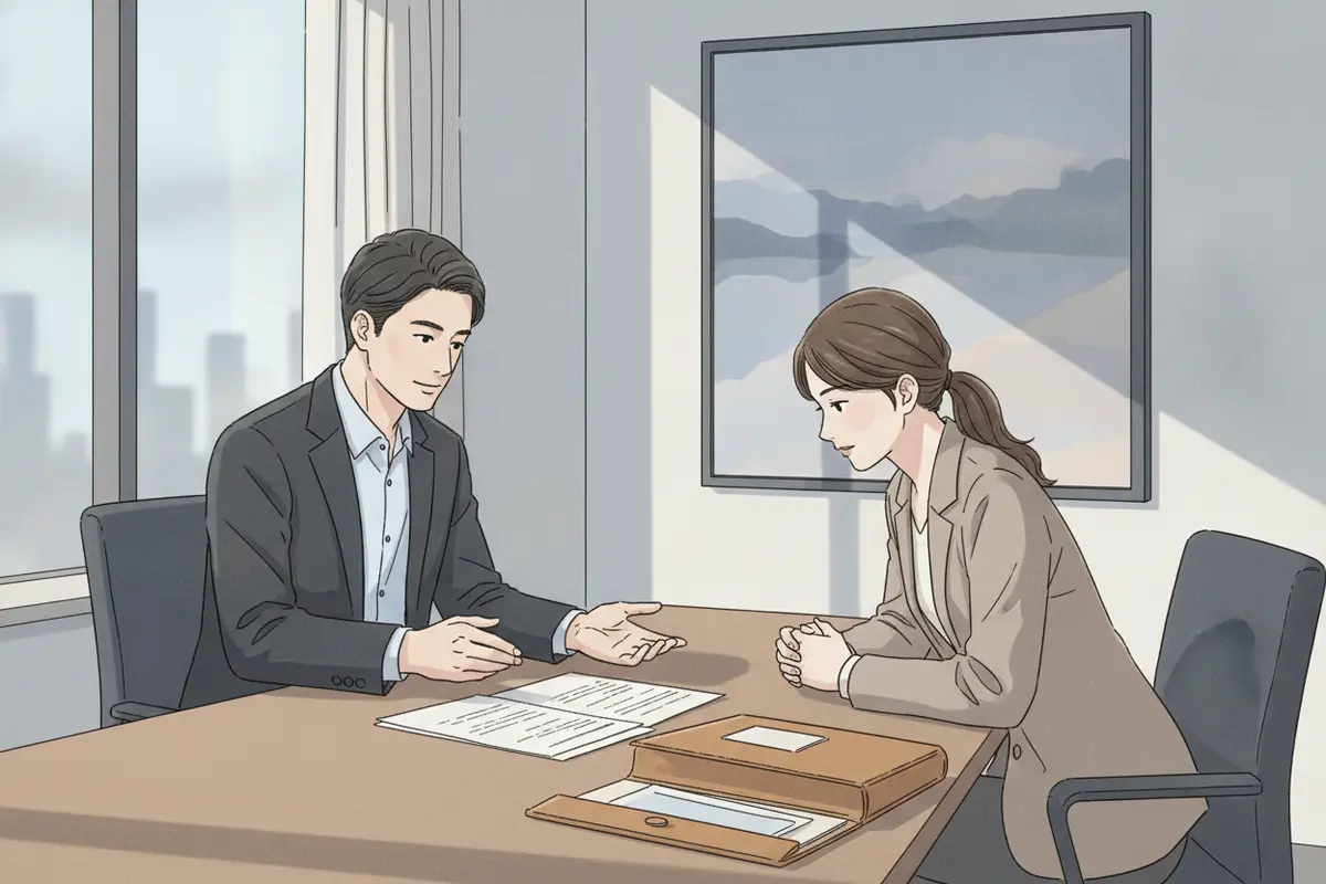 Attorney and client reviewing funding terms beside a case folder