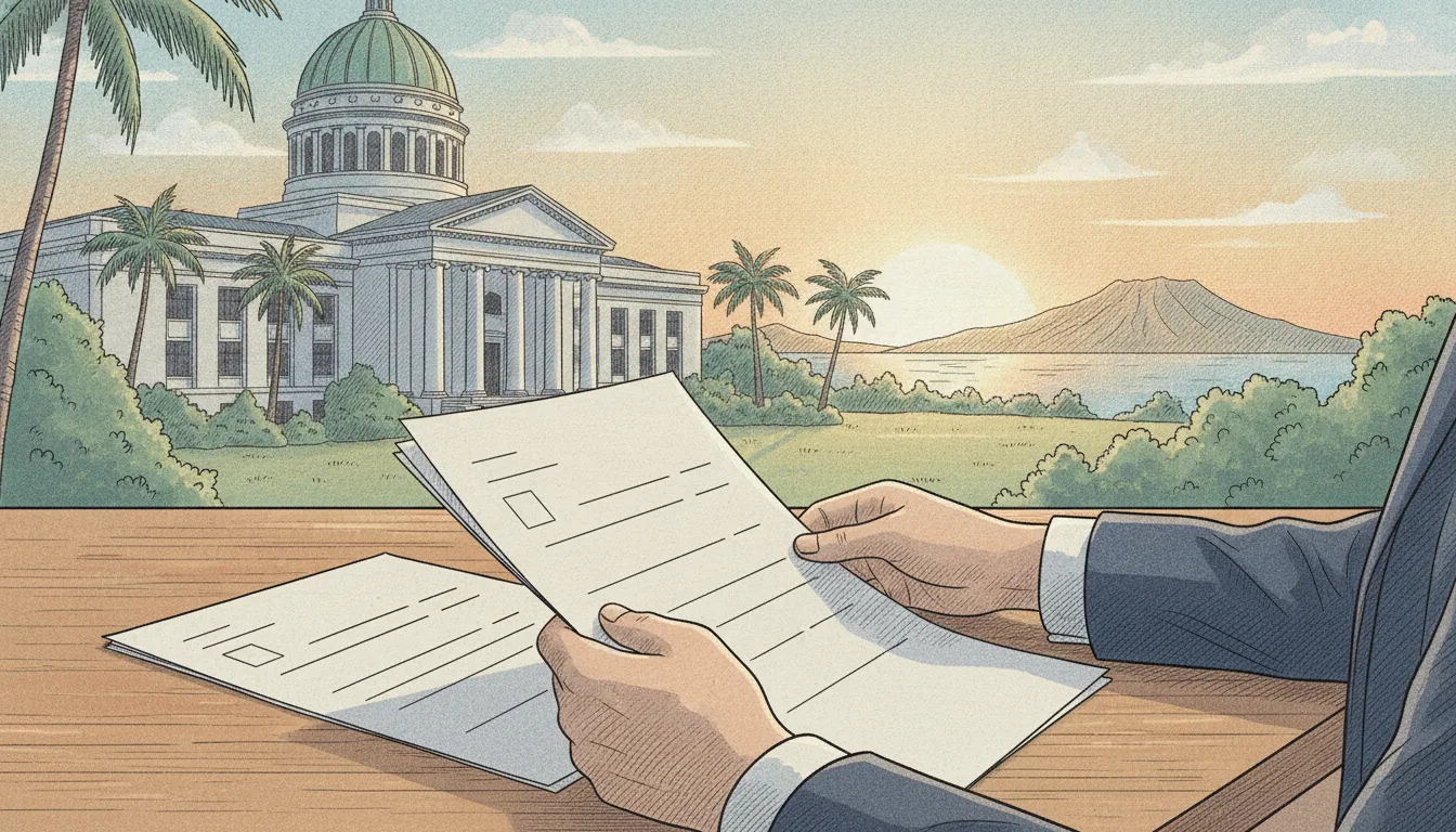 Hawaii courthouse and attorney reviewing funding documents