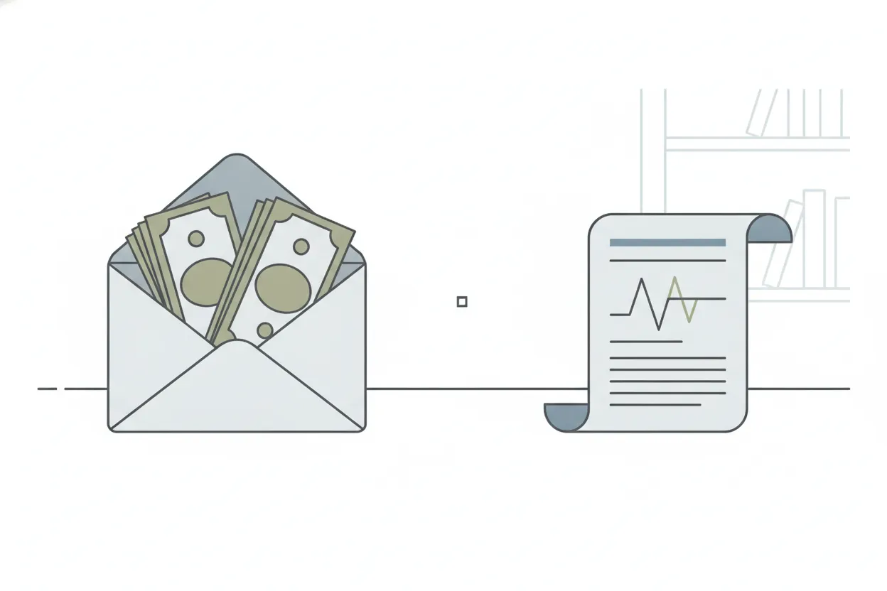 Thin-line drawing of a cash advance envelope separated from a later settlement disbursement sheet