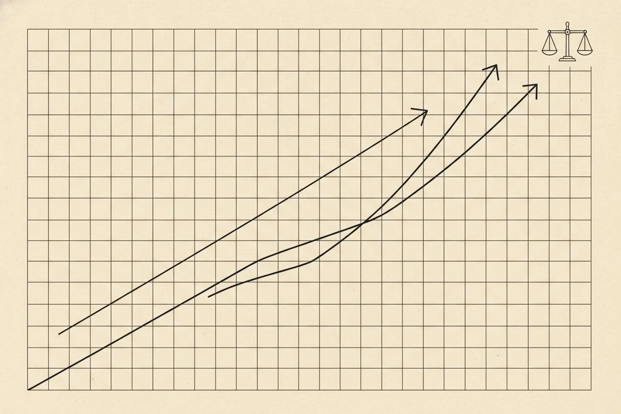 Line chart comparing a straight simple-interest path with two steeper compounding curves