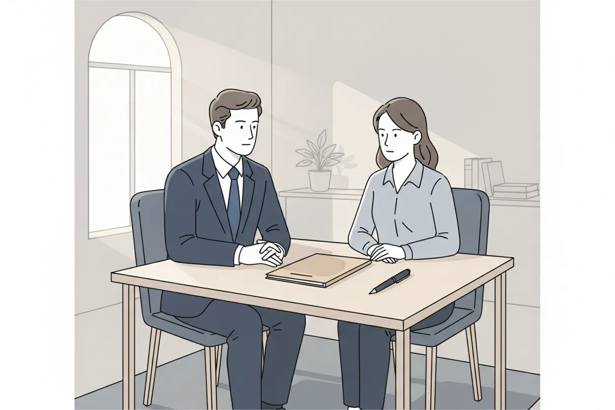 Attorney and client meeting across a table with a closed folder between them