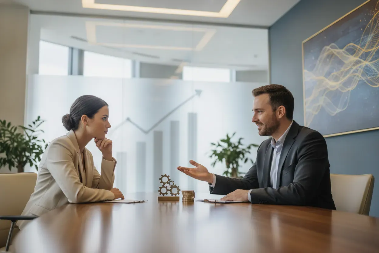 An attorney and client in a relaxed, professional conversation about fair funding options