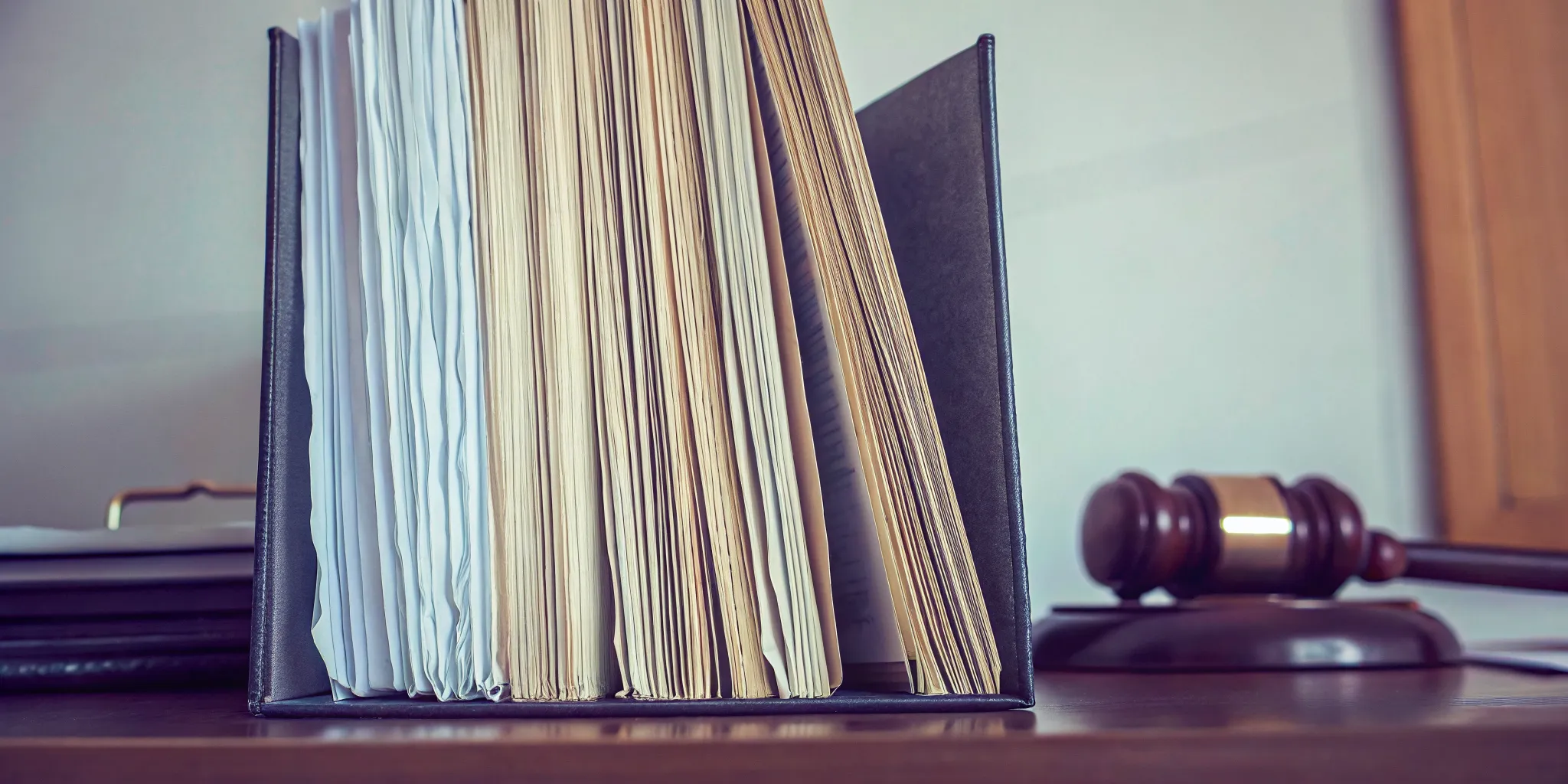 A folder with legal documents, medical records, and a police report on a desk next to a gavel